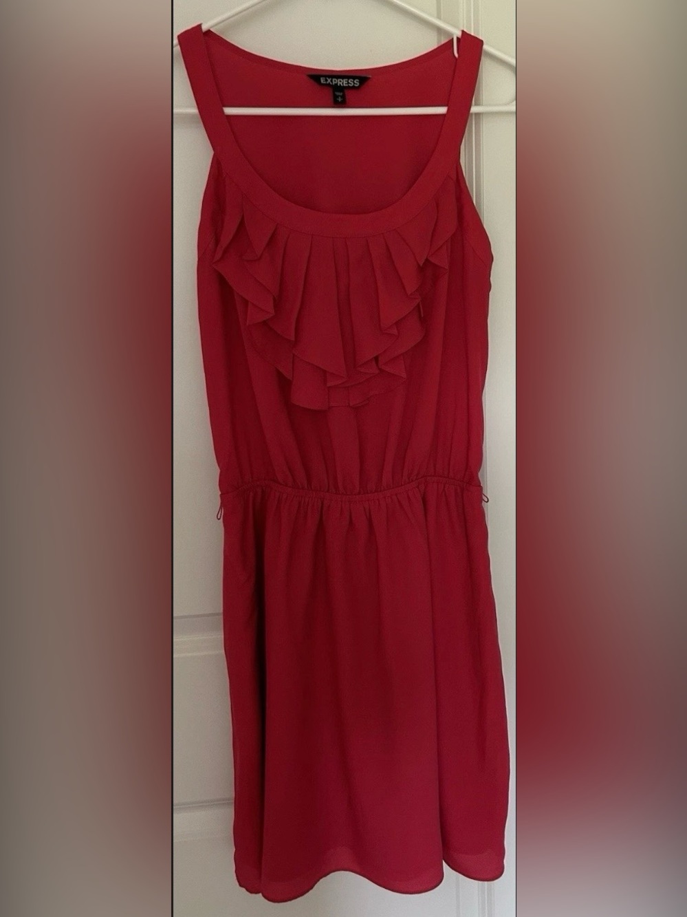 Express Fuchsia Pink Ruffled Front Sleeveless Mini Dress S Small Belted Chiffon
